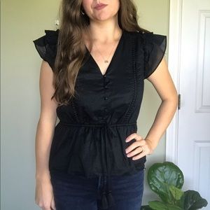 J. Crew Point Sur Black Boho Tassel Flutter Top